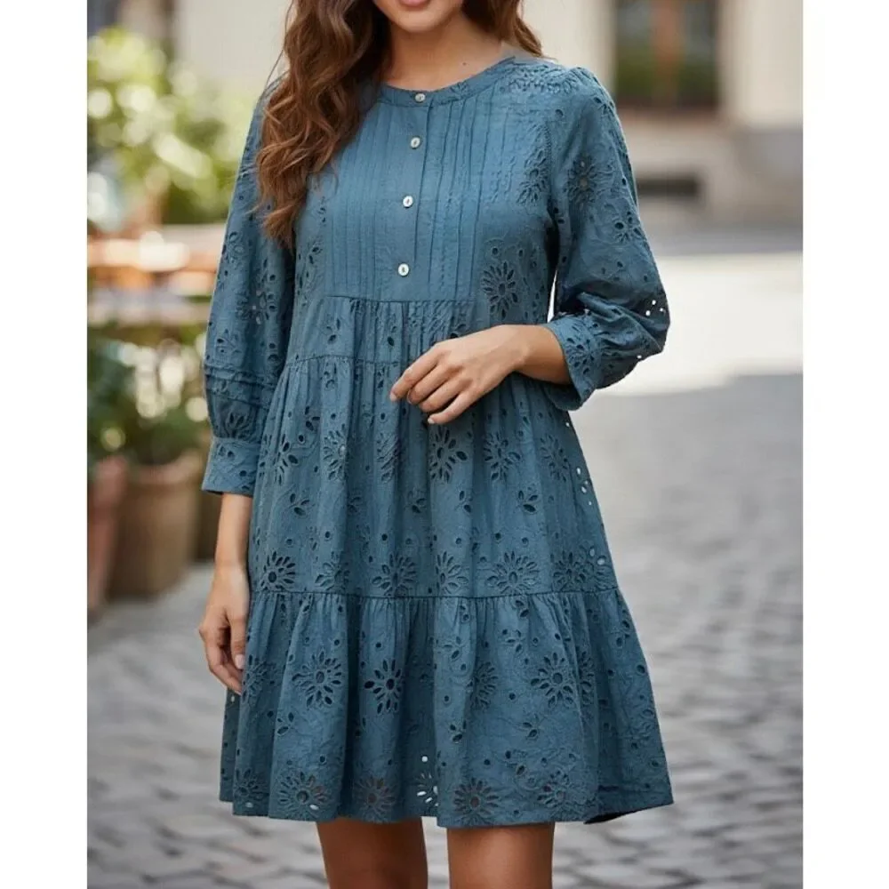 DRA Los Angeles Teal‎ Eyelet Dress Anthropologie Size Small Quarter Sleeves